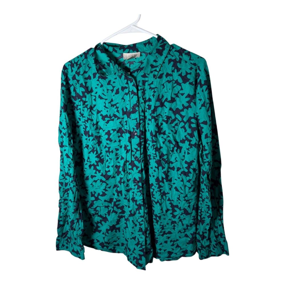 Loft Shirt Women's Large Teal Printed Button Up Long Sleeve Collared Top